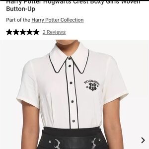 Hot Topic White Button-Up Shirt with Black Trim and Hogwarts Crest